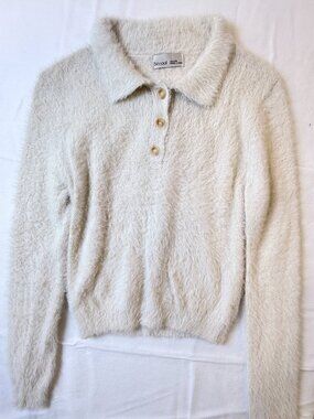 Bécool Fuzzy Knit Polo Sweater Cream Size S/M